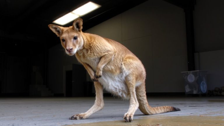 seated kangaroo hops indoors